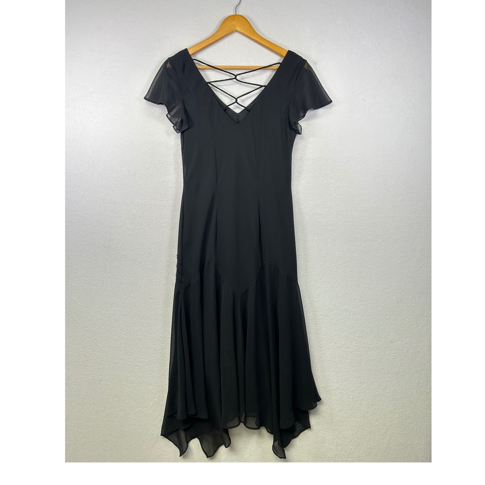 SL Fashions Black Beaded Criss Cross Back Flutter Sleeve Midi Dress Size 10 - Picture 2 of 9